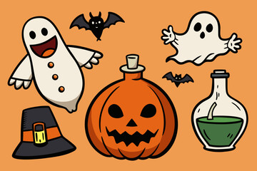 Spooky Halloween Vector Set with Jack-o'-Lanterns, Ghosts, Witches, Bats & Potions &ndash; Hand-Drawn Cartoon Style in Black and Orange