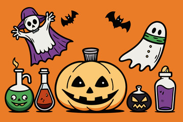 Spooky Halloween Vector Set with Jack-o'-Lanterns, Ghosts, Witches, Bats & Potions &ndash; Hand-Drawn Cartoon Style in Black and Orange