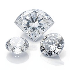 Close-up of three clear, faceted diamonds on white background, arranged in triangle shape, sparkling with soft light reflections. Luxury, clarity, and elegance in focus.