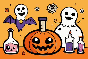 Spooky Halloween Vector Set with Jack-o'-Lanterns, Ghosts, Witches, Bats & Potions &ndash; Hand-Drawn Cartoon Style in Black and Orange