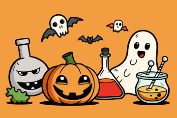 Spooky Halloween Vector Set with Jack-o'-Lanterns, Ghosts, Witches, Bats & Potions &ndash; Hand-Drawn Cartoon Style in Black and Orange