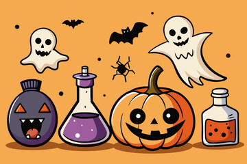Spooky Halloween Vector Set with Jack-o'-Lanterns, Ghosts, Witches, Bats & Potions &ndash; Hand-Drawn Cartoon Style in Black and Orange