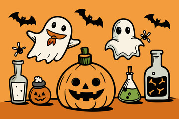 Spooky Halloween Vector Set with Jack-o'-Lanterns, Ghosts, Witches, Bats & Potions &ndash; Hand-Drawn Cartoon Style in Black and Orange