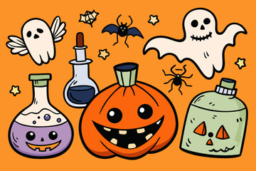Spooky Halloween Vector Set with Jack-o'-Lanterns, Ghosts, Witches, Bats & Potions &ndash; Hand-Drawn Cartoon Style in Black and Orange