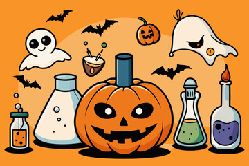 Spooky Halloween Vector Set with Jack-o'-Lanterns, Ghosts, Witches, Bats & Potions &ndash; Hand-Drawn Cartoon Style in Black and Orange