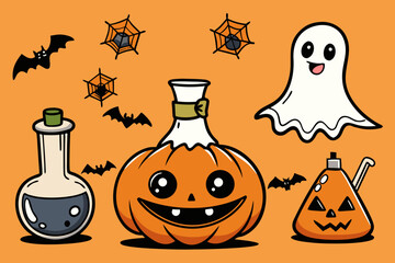 Spooky Halloween Vector Set with Jack-o'-Lanterns, Ghosts, Witches, Bats & Potions &ndash; Hand-Drawn Cartoon Style in Black and Orange
