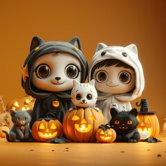 Obraz premium Happy Halloween, trick or treat, Halloween 3d clipart, A cute ghost family.