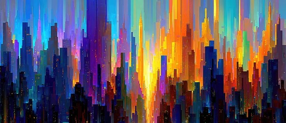 Vibrant city skyline, pixelated art