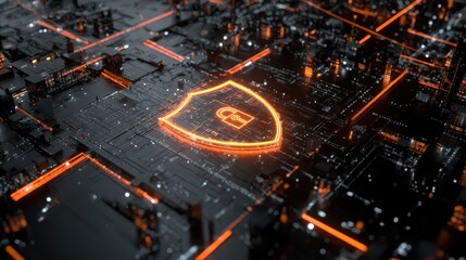 Futuristic cybersecurity concept with glowing shield icon, digital lock, and circuit board background, representing data protection, network security, and advanced technology