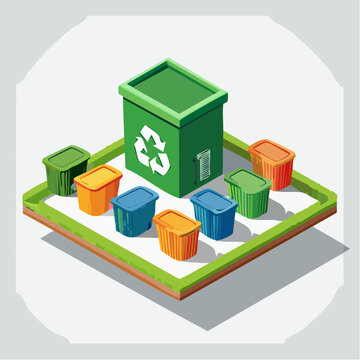 Isometric Urban Recycling Plant with Conveyor Belts, Trash Bins, and Green Logo