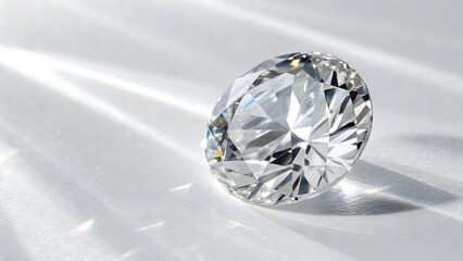 Close-up of three clear, faceted diamonds on white background, arranged in triangle shape, sparkling with soft light reflections. Luxury, clarity, and elegance in focus.