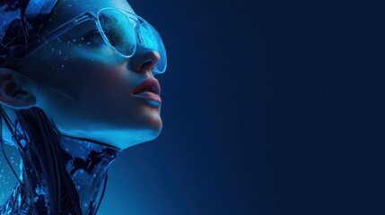 Futuristic woman with digital glasses, blue neon light, cybernetic elements, and confident expression, representing artificial intelligence and advanced technology innovation