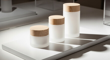 Naklejka premium Elegant frosted glass jars with natural wood lids offer sophisticated branding and product display opportunities