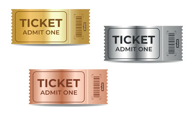 Set of templates of gold, silver, bronze tickets to cinema, theater, concert, casino with barcode. Isolated vector ticket on white background.
