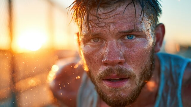 A determined athlete, drenched in sweat, captures the essence of exercise and perseverance as he gazes into the sunset after an intense outdoor workout session. - Powered by Adobe