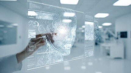 Futuristic artificial intelligence interface with digital human face, businessperson interacting with virtual display in modern office, innovation and technology concept