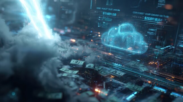 Cloud computing, artificial intelligence, and digital finance concept with glowing cloud icon, data streams, and floating money in futuristic cityscape, evoking innovation and progress