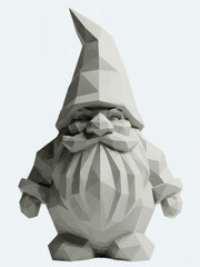 Polygonal sculpture of a garden gnome in gray against a white background. Vector in low-poly style. 