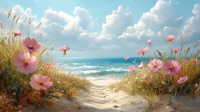 Coastal pathway with pink flowers