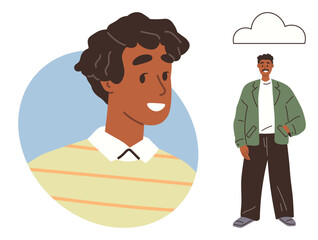 Young man smiling in striped sweater and jacket, shown in a portrait and full-body view. Ideal for fashion, diversity, individuality, positivity, spring, personality casual style. A simple flat