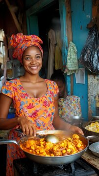 Smiling African woman joyfully cooks succotash in her vibrant outdoor kitchen. Her colorful dress reflects the authentic, happy food preparation.