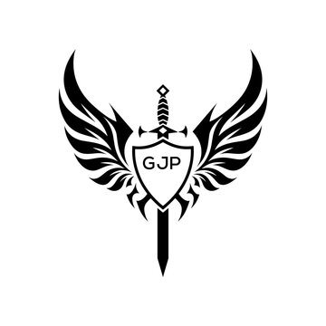 GJP Winged Sword and Shield Logo with GJP Letters, GJP Later Logo, Heraldic Emblem, Black and White Vector Design
