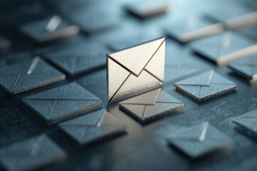 Email security concept with golden envelope standing out among dark envelopes on reflective surface