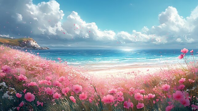 Pink flower coastal landscape illustration