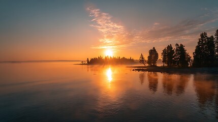 Naklejka premium Gentle sunrise over lake with luminous breath tracking arc overlays