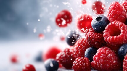 A dynamic image showcasing a vibrant assortment of fresh berries splashing in water, capturing their juicy texture and playful essence, ideal for healthy eating and freshness concepts.