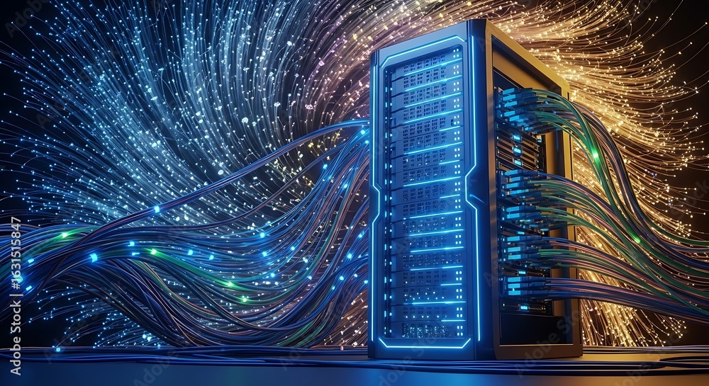 Aufkleber illuminated server rack with fiber optic cables conveying data in a modern technology environment ai