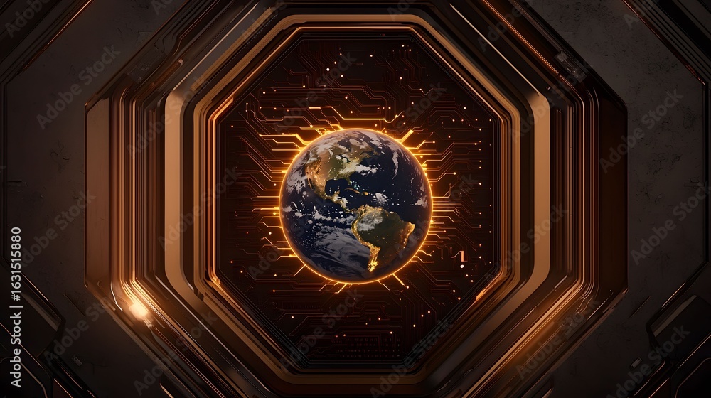 Poster a futuristic earth is displayed on a digital interface, radiating technological energy within an oct