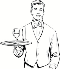 Retro Waiter with Tray of Drinks,  Vintage Line Art Vector