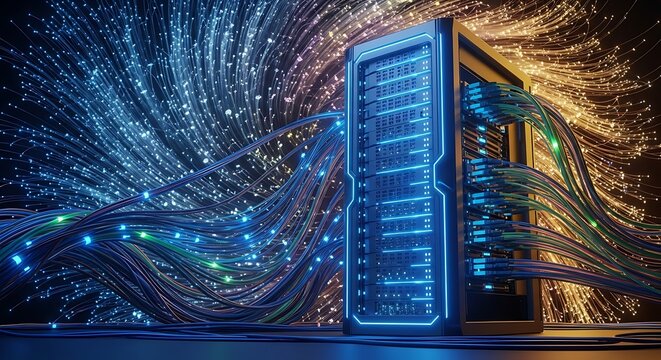 Illuminated server rack with fiber optic cables conveying data in a modern technology environment ai generated