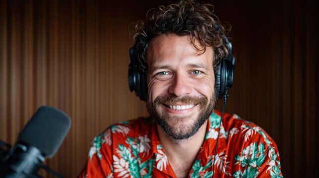 A cheerful podcaster wearing headphones, emanating positivity and excitement while discussing insightful topics, representing the essence of engaging audio content creation.
