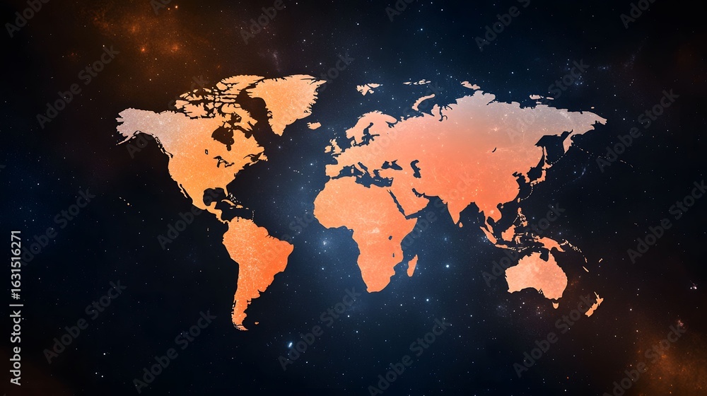 Poster the image shows a world map with an artistic flare, blending orange continents against a star-filled