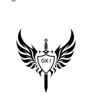 GKI Winged Sword and Shield Logo with GKI Letters, GKI Later Logo, Heraldic Emblem, Black and White Vector Design
