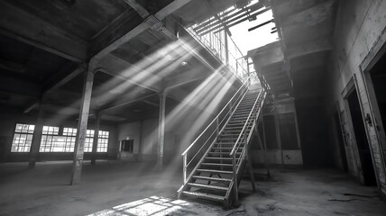 Fototapeta premium Sunbeams illuminate a decaying industrial staircase in an abandoned building