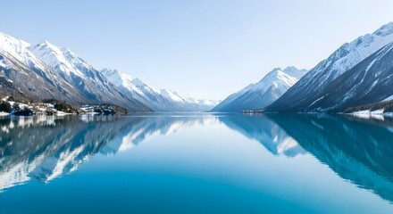Fototapeta premium Clear blue lake surrounded by snow-covered mountains in a serene, breathtaking landscape