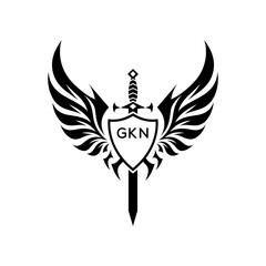GKN Winged Sword and Shield Logo with GKN Letters, GKN Later Logo, Heraldic Emblem, Black and White Vector Design
