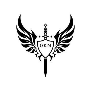GKN Winged Sword and Shield Logo with GKN Letters, GKN Later Logo, Heraldic Emblem, Black and White Vector Design
