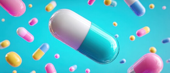 The Vibrant Capsules Floating Against a Bright Blue Background