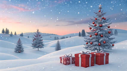 The scene features snow-covered hills and a series of snow-laden evergreen trees, each adorned with red baubles. 
