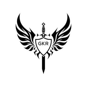 GKR Winged Sword and Shield Logo with GKR Letters, GKR Later Logo, Heraldic Emblem, Black and White Vector Design
