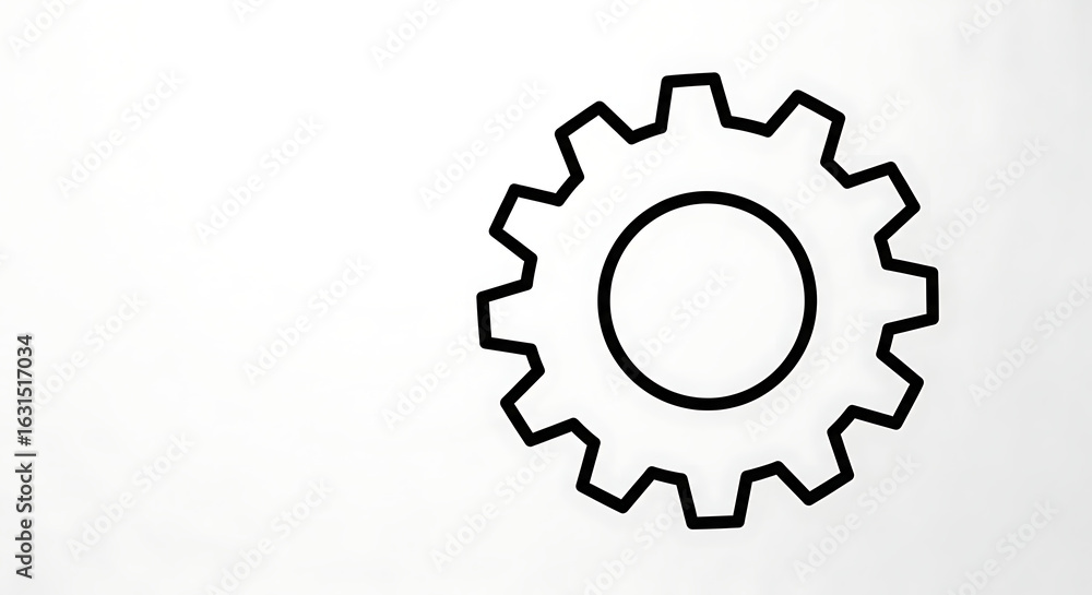 Poster a simple black outline drawing of a gear on a white background in the right side of the image ai gen