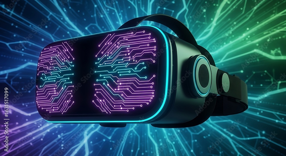 Aufkleber a virtual reality headset displaying a circuit board pattern against a blue and green background ai 