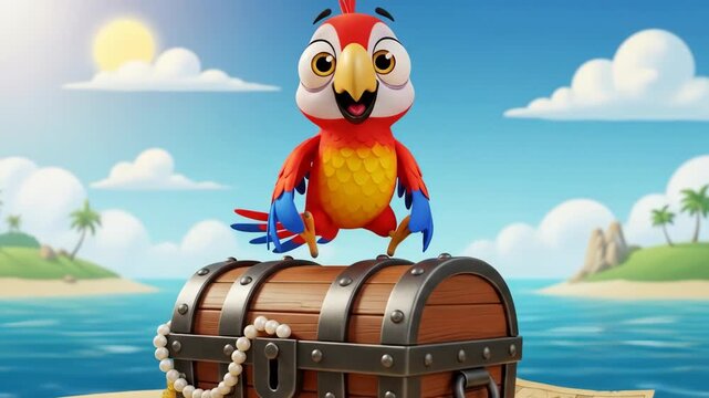 Cheerful parrot on treasure chest in cartoon style happy bird on wooden chest animated parrot cartoon design vivid colors and playful cartoon illustration