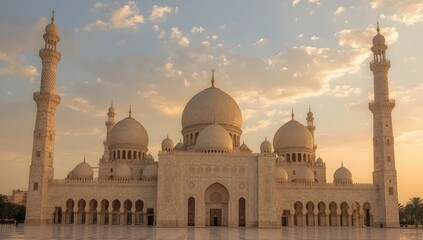 Obraz premium Stunning Islamic mosque architecture with golden sunset sky