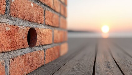 Naklejka premium Close-up of a brick wall, a circular hole, and a wooden deck, leading to a sunrise over water