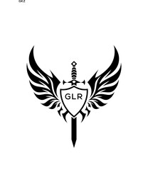 GLR Winged Sword and Shield Logo with GLR Letters, GLR Later Logo, Heraldic Emblem, Black and White Vector Design
